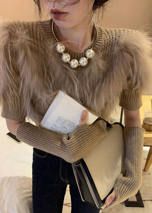 Art Khaki Leather and Fur Patchwork Knit Sweaters Winter Qc014
