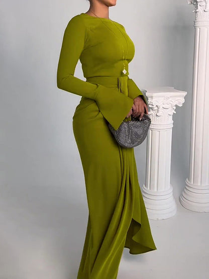 Bodycon Irregularity Color Split-front Round-neck Maxi Dresses