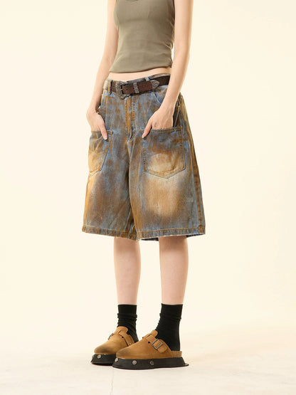 Distressed Denim Oversized Pocket Shorts