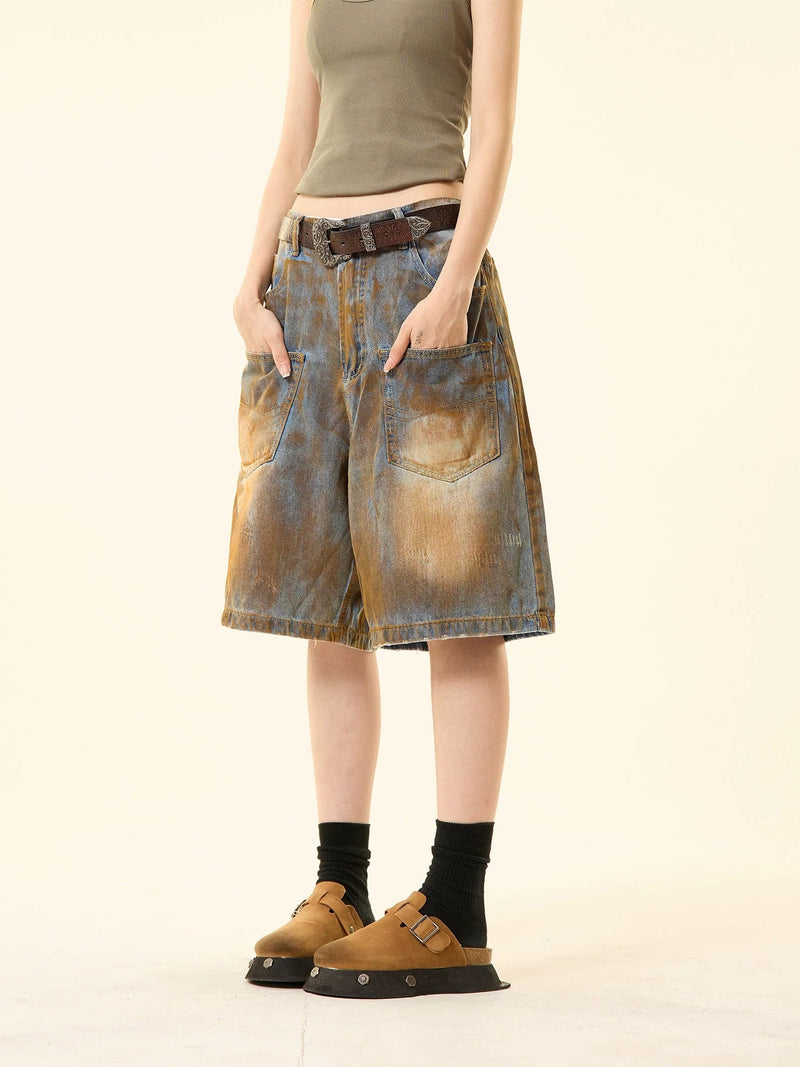 Distressed Denim Oversized Pocket Shorts