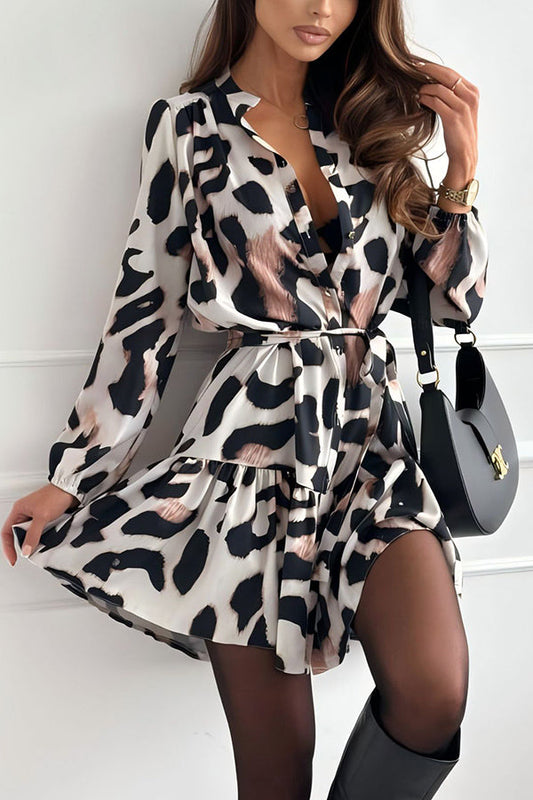 Leopard Print Long Sleeve Tie Waist Mini Dress
