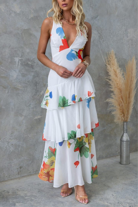 Refreshing Print Back Lace-up Multi-teir Ruffle Hem Maxi Dress