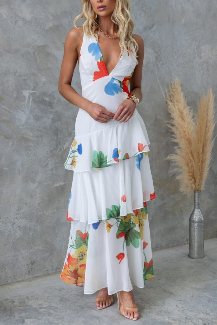 Refreshing Print Back Lace-up Multi-teir Ruffle Hem Maxi Dress