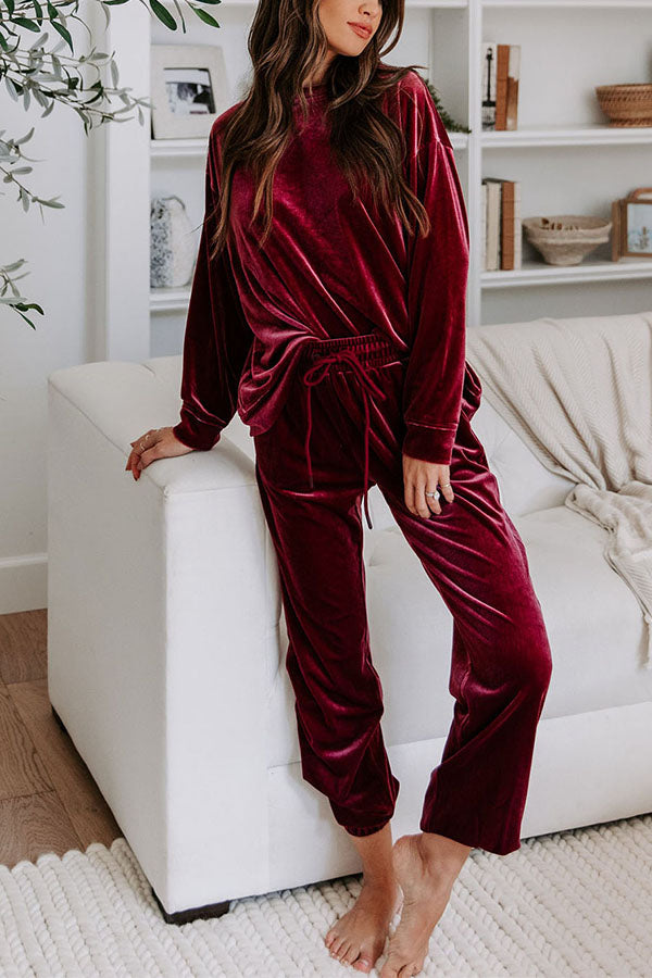 Red Velvet Round Neck Top \u0026 Drawstring Pants Longe Set