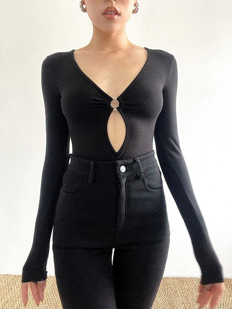 ’s Long-sleeved Bodysuit Color Hollow Low-cut V-neck Jumpsuit Spicy Girl Top Club Y2k Clothing