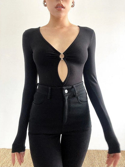 ’s Long-sleeved Bodysuit Color Hollow Low-cut V-neck Jumpsuit Spicy Girl Top Club Y2k Clothing