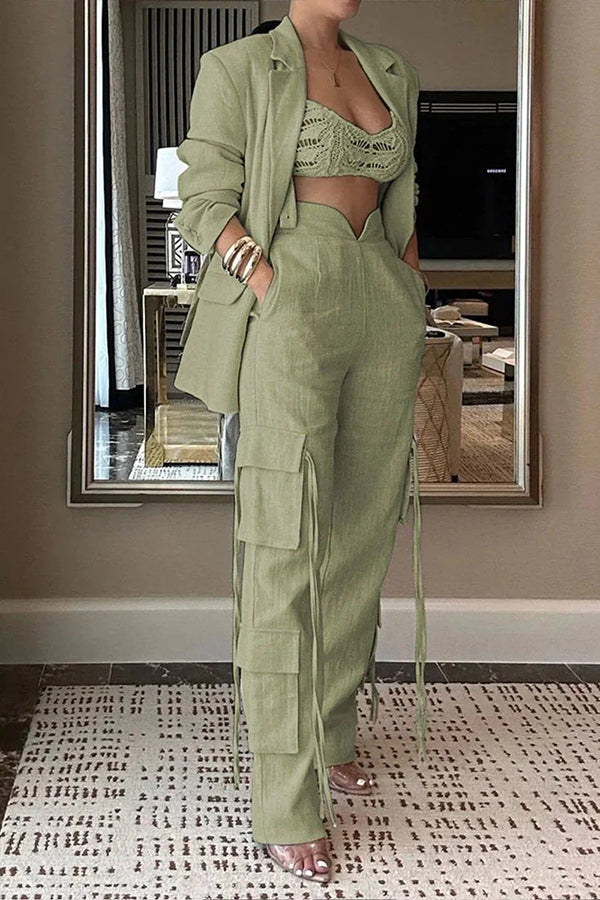 Stylish Lapel Long Sleeve Loose Jacket and Pocket Lace-up Straight Leg Pants Set
