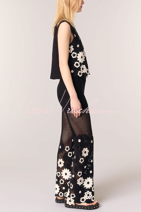 Embroidered Hollow Hook Elastic Waist Wide-leg Pants
