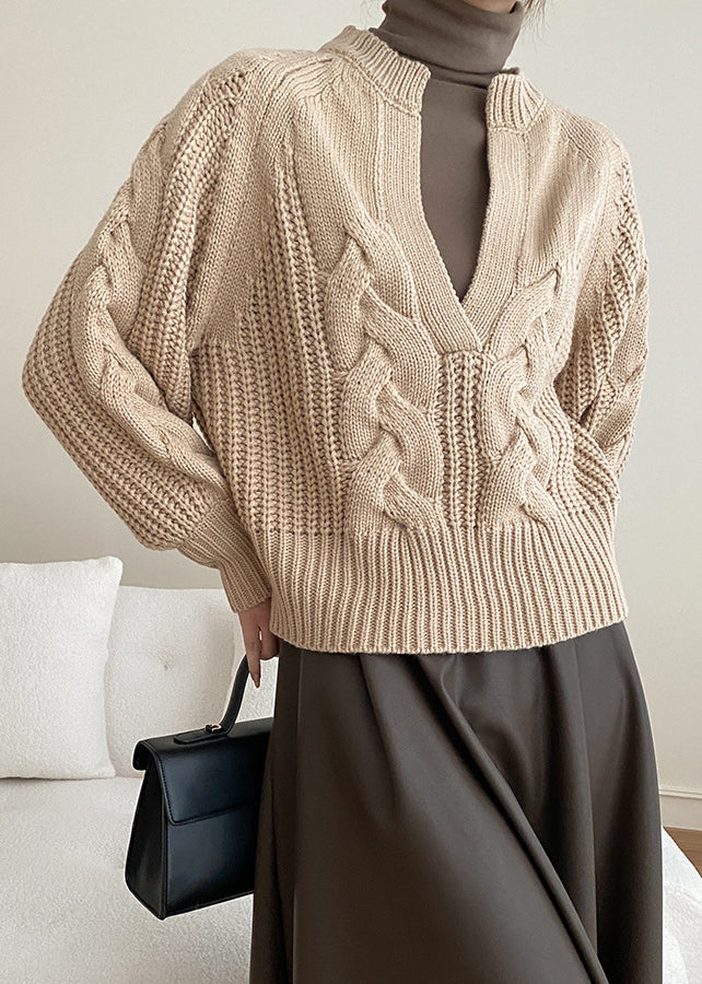 Khaki Cozy Knit Sweaters V Neck Fall Af1047