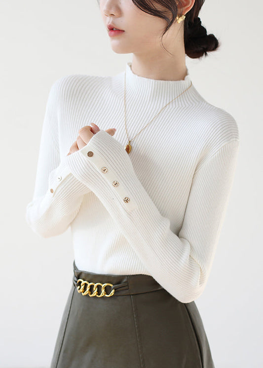 New White Hign Neck Button Patchwork Knit Sweater Winter Rv026
