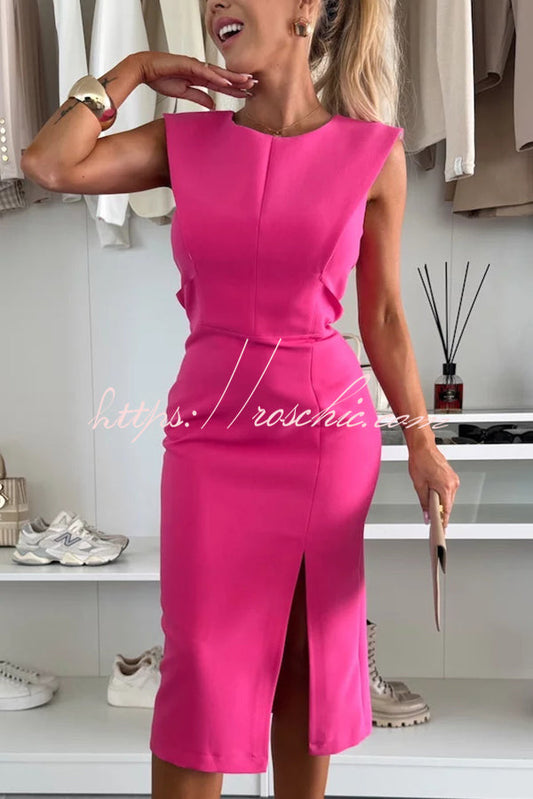Charming Lady Color Round Neck Sleeveless Waisted Slit Stretch Midi Dress