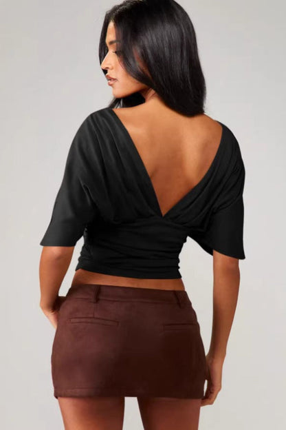 Deep V Neck Knot Front Ruched Crop T-shirt