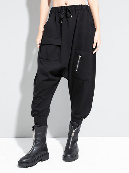 Simple Black Elasticity Waist Pockets Harem Pants Ws012