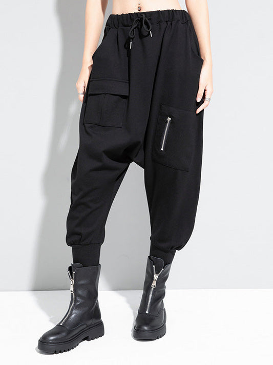 Simple Black Elasticity Waist Pockets Harem Pants Ws012