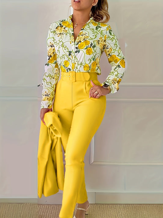 Print V Neck Long Sleeve Blouse & Belted Tapered Pants Td0870
