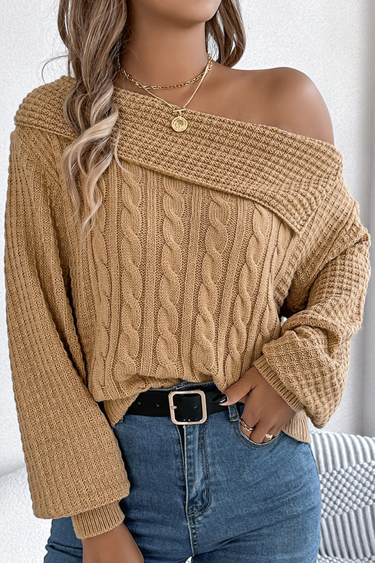 Color One Shoulder Long Sleeve Knitted Sweater
