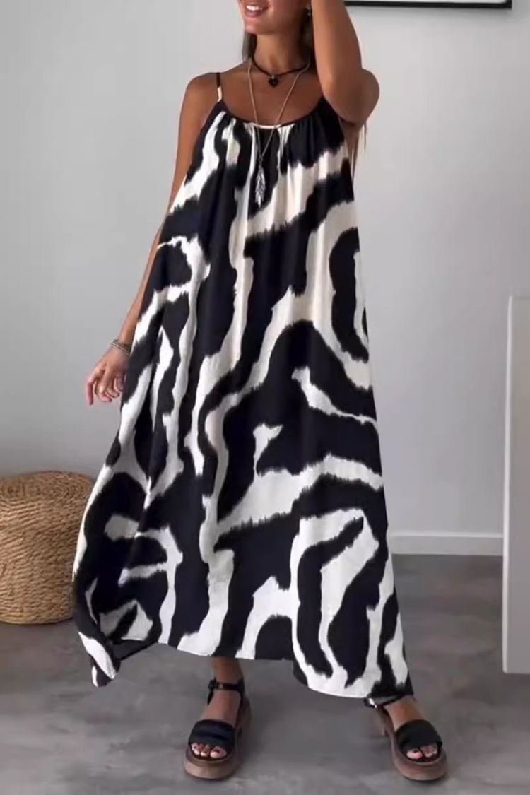 Zebra Print Loose Suspender Maxi Skirt