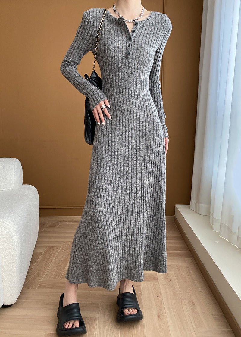 New Grey V Neck Button Cotton Knit Sweater Dress Long Sleeve Af1056