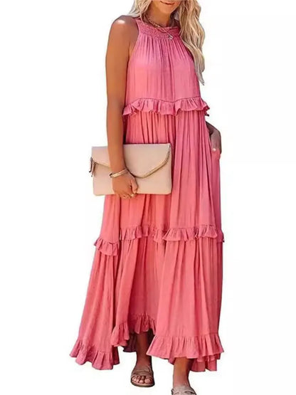 Summer Vacation Style Halter Neck Long Dresses Backless Leace-up Loose Ruffles Beach Dress Vestidos