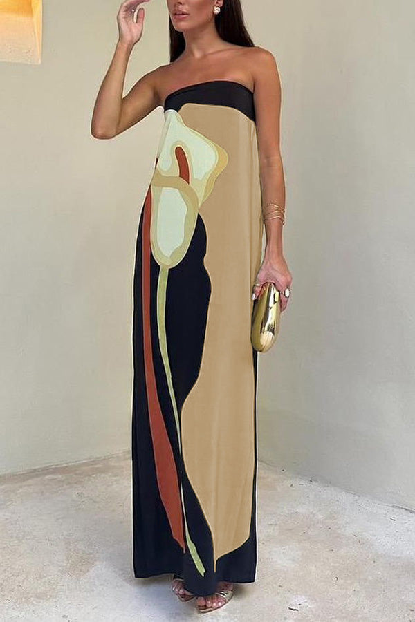 Jaime Abstract Print Elasticated Off Shoulder Vacation Loose Maxi Dress