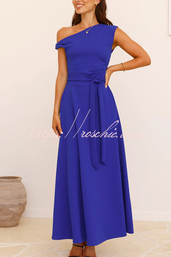 Color Sloped Collar Slim Fit Waist Lace Up Full Hem Maxi Dress