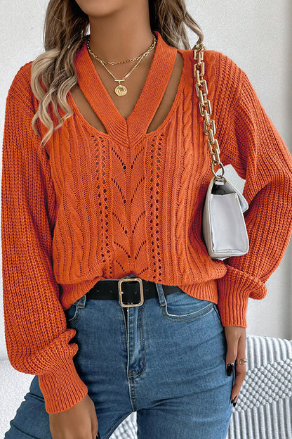 Hollow V-neck Long-sleeved Knitted Sweater