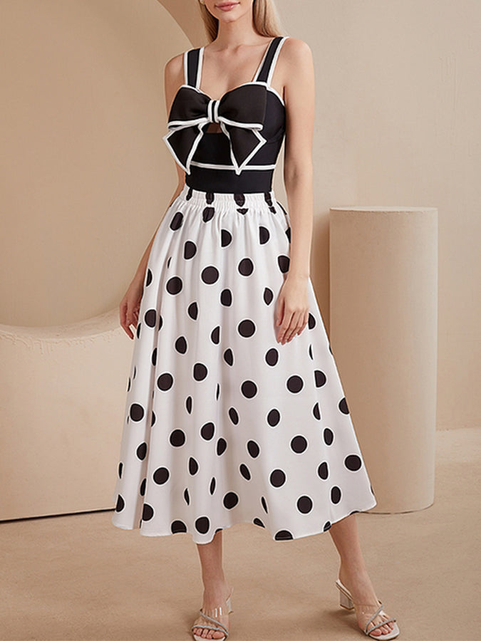 Black and White Bow Decor One Piece Swimsuit and Skirt