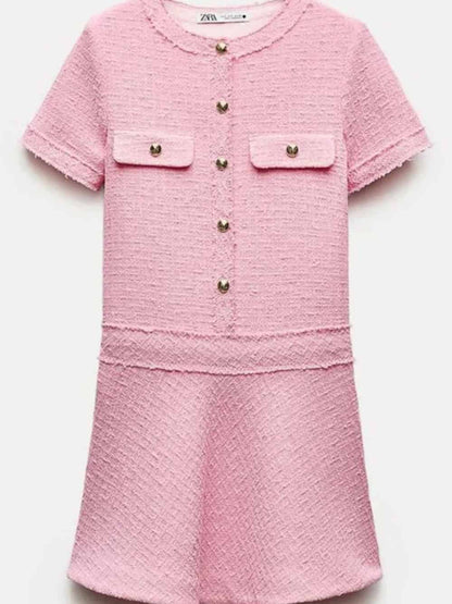 1960s London Girl Tweed Textured Gold Button Short Sleeve Pocketed Mini Dress