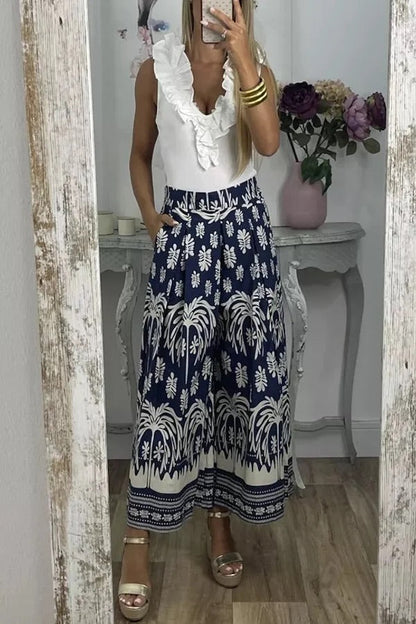 Unique Print Elastic Waist Loose Pocket Holiday Wide Leg Pants