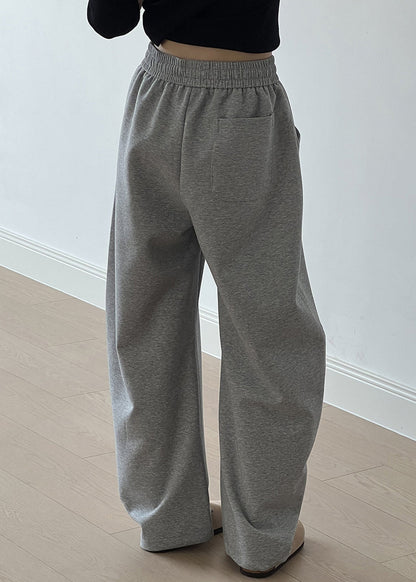 Grey Pockets Drawstring Elastic Waist Cotton Pants Fall Af1072