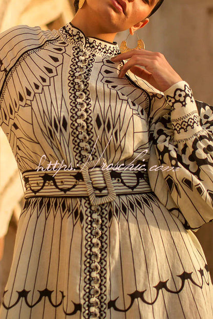 Perfect for Spring Linen Blend Print Button Balloon Sleeve Belted Shirt Midi Dress