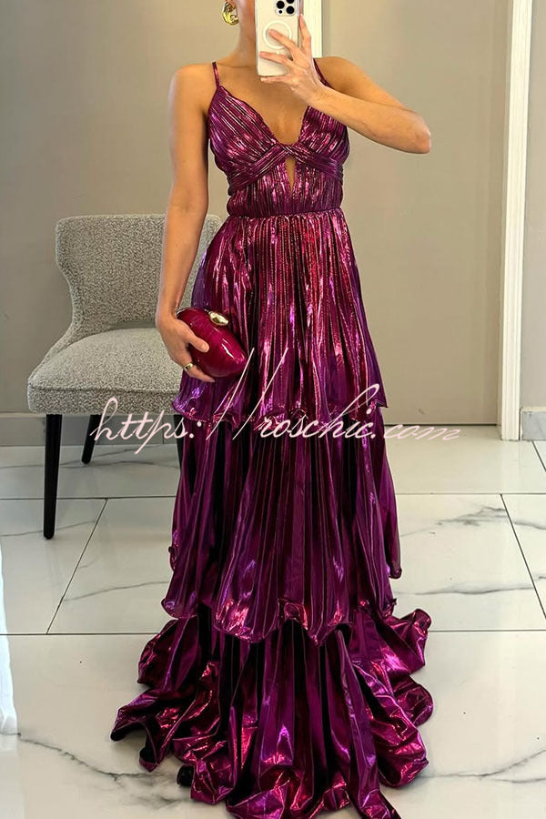 Seize the Pleated Metallic Fabric Cutout Tiered Maxi Dress