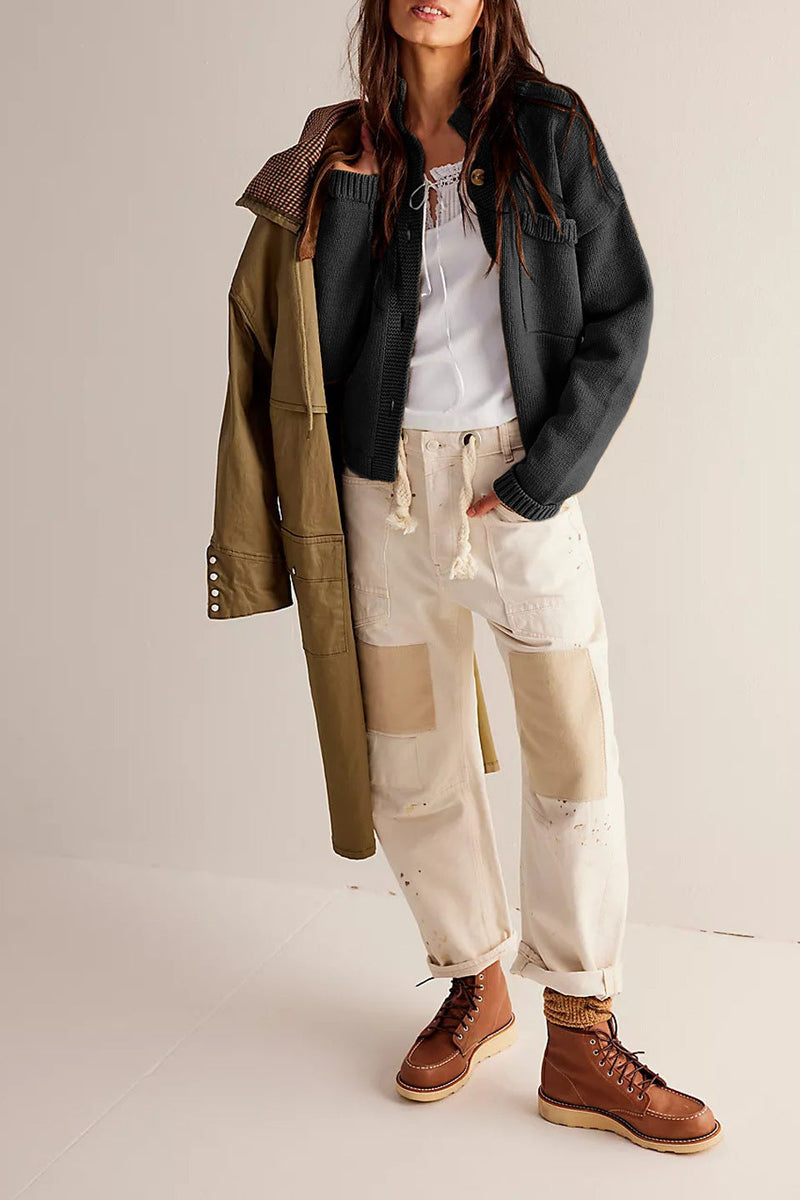 Knitted Jacket Stand Collar Color Cardigan Sweater