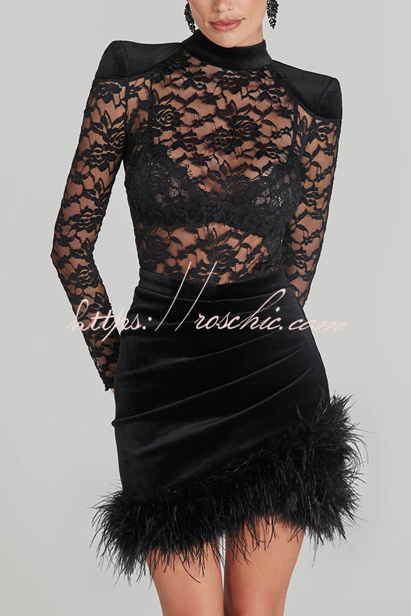 Freya Lace Velvet Patchwork Feather Trim Ruched Stretch Mini Dress