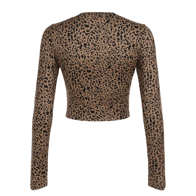 Leopard Single Breasted ��s Tops Long Sleeve Slim Fit Gyaru Clothing T-shirts Autumn