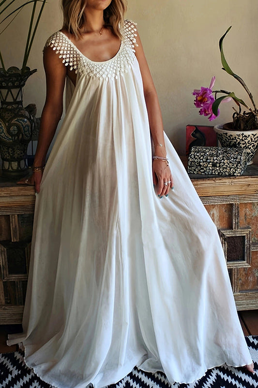 Color Tassel Round Neck Stitching Loose Maxi Dress