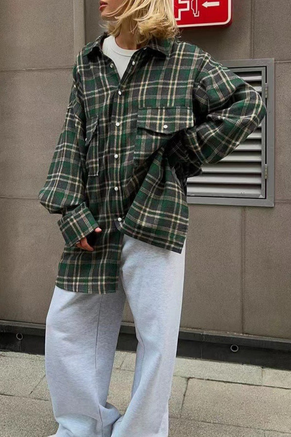 American Plaid Double-pocket Mid-length Blouse