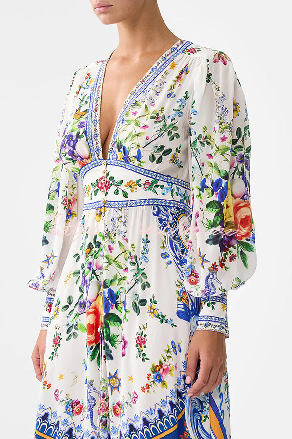 Fairy Tale Print V-neck Lantern Sleeve Waist Maxi Dress