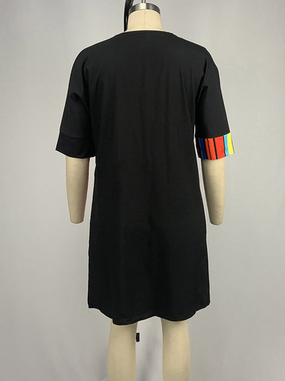 A-line Half Sleeves Asymmetric Contrast Color Striped Round-neck Mini Dresses