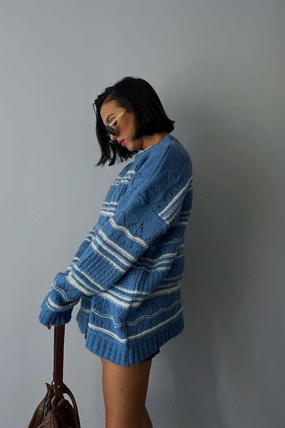 Thick Striped Knit Crew Neck Sweater