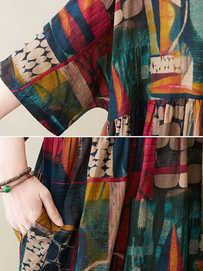 Loose Abstract Printed Pleated Round-neck Half Sleeves Midi Dress