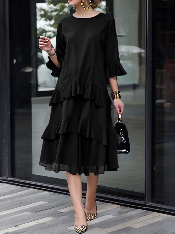 Half Sleeves Loose Layered Ruffle Trim Color Zipper Round-neck Midi Dresses