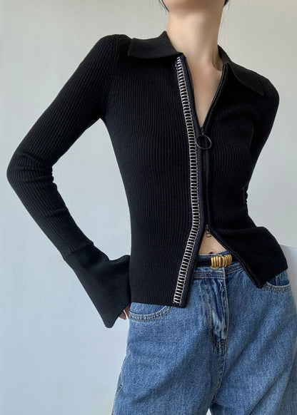 Italian Black Peter Pan Collar Zip Up Patchwork Woolen Sweaters Winter Rv028
