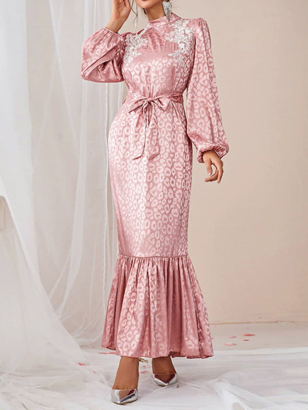 A-line Bishop Sleeve Elasticity Leopard Split-joint Tied Waist Mock Neck Maxi Dresses
