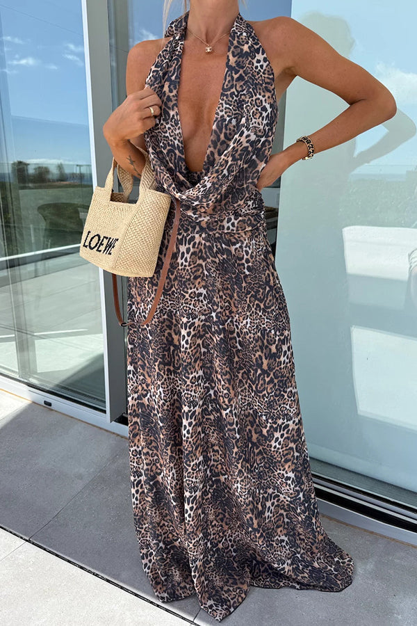 Sleeveless Backless Halter Neck Lace Up Maxi Dress