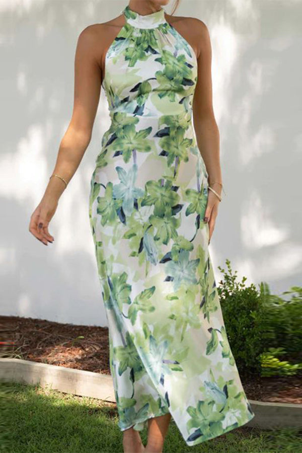 Spice Girl High Neck Temperament Slit Printed Dress Long Skirt