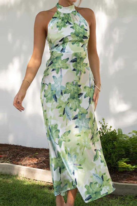 Spice Girl High Neck Temperament Slit Printed Dress Long Skirt