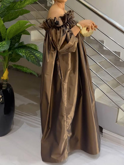 Loose Puff Sleeves Falbala Pleated Color Off-the-shoulder Maxi Dresses
