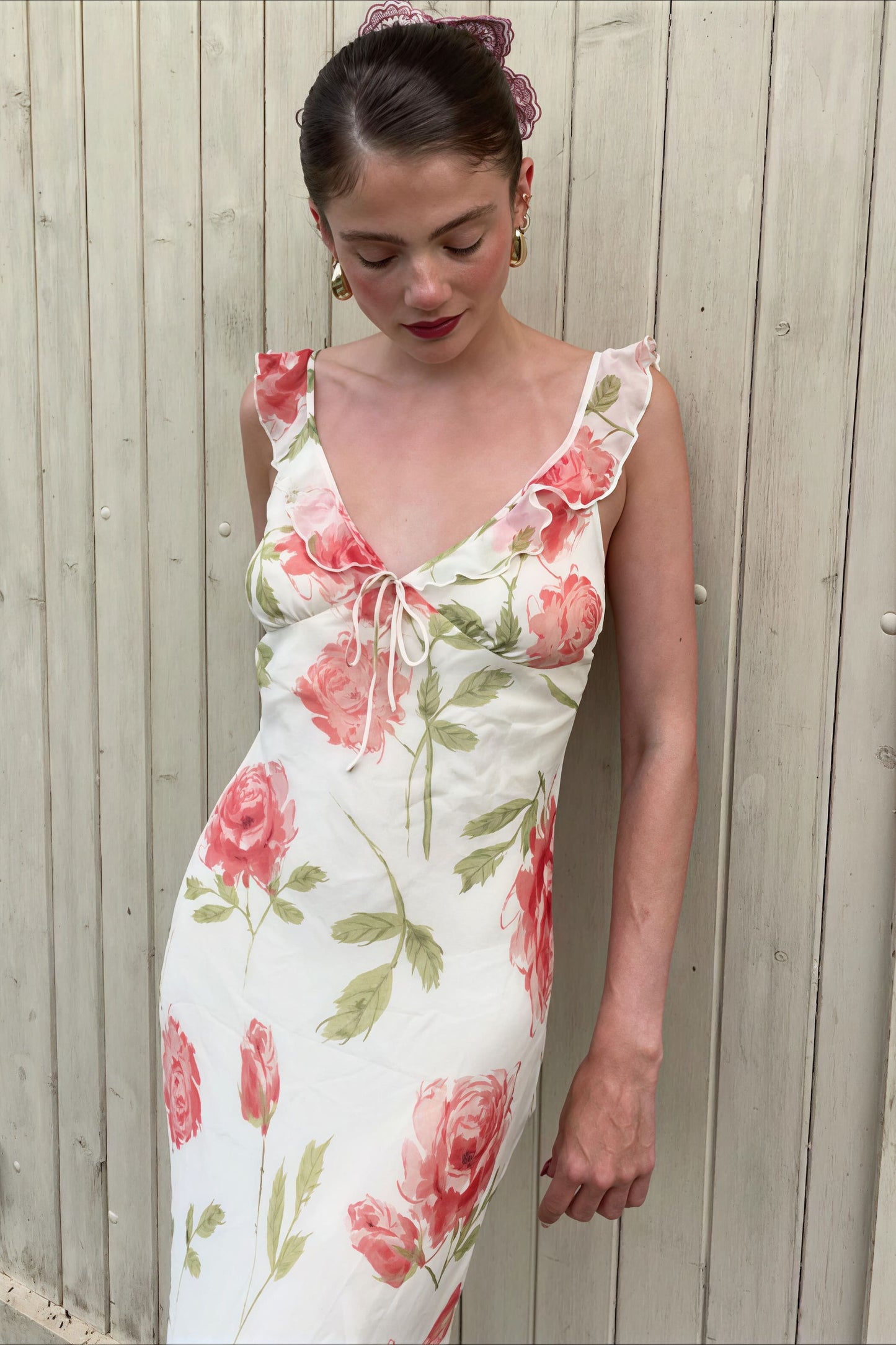 Print Mesh V Neck Cami Midi Dress