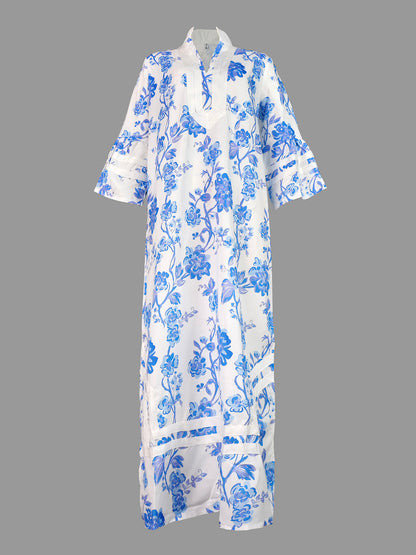 Flared Sleeves Loose Flower Print Split-joint Split-side Deep V-neck Midi Dresses